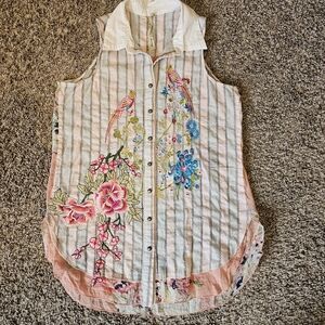Aratta Silent Journey Embroidered Vest Top Striped Bird Floral Boho Button Front